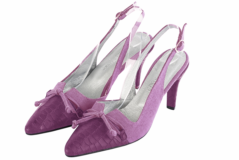 Mauve purple women's open back shoes, with a knot. Tapered toe. High slim heel. Front view - Florence KOOIJMAN